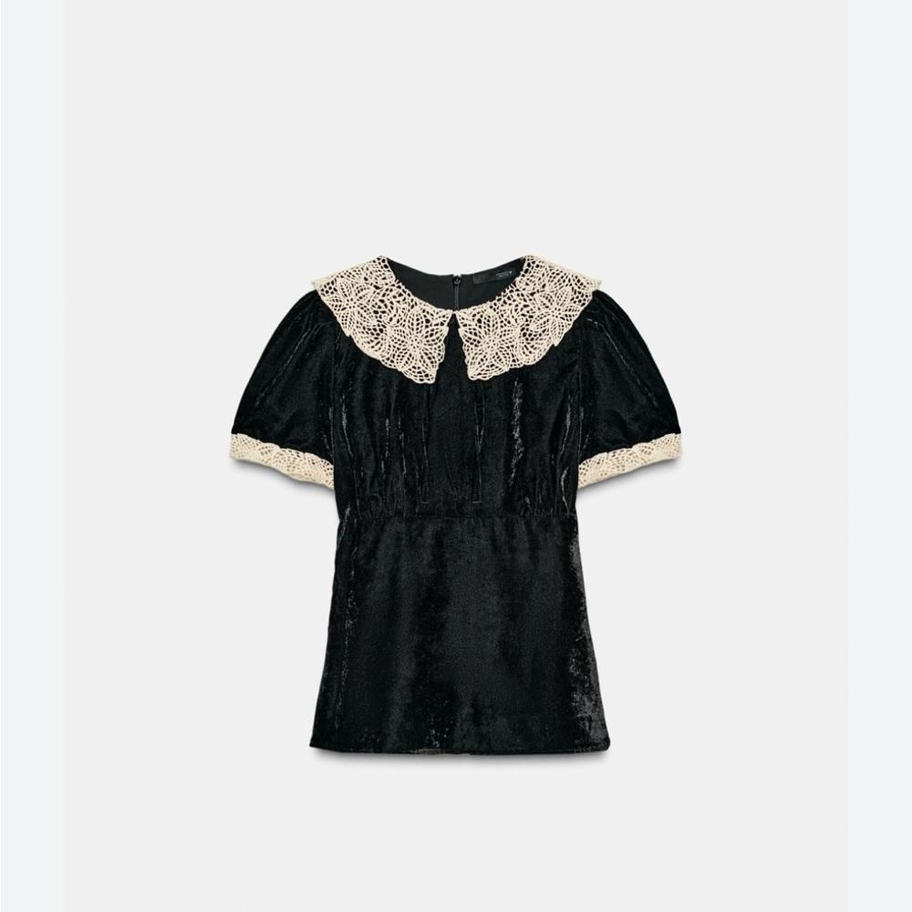 NWT Zara Black Velvet Blouse with Cream Crochet Collar